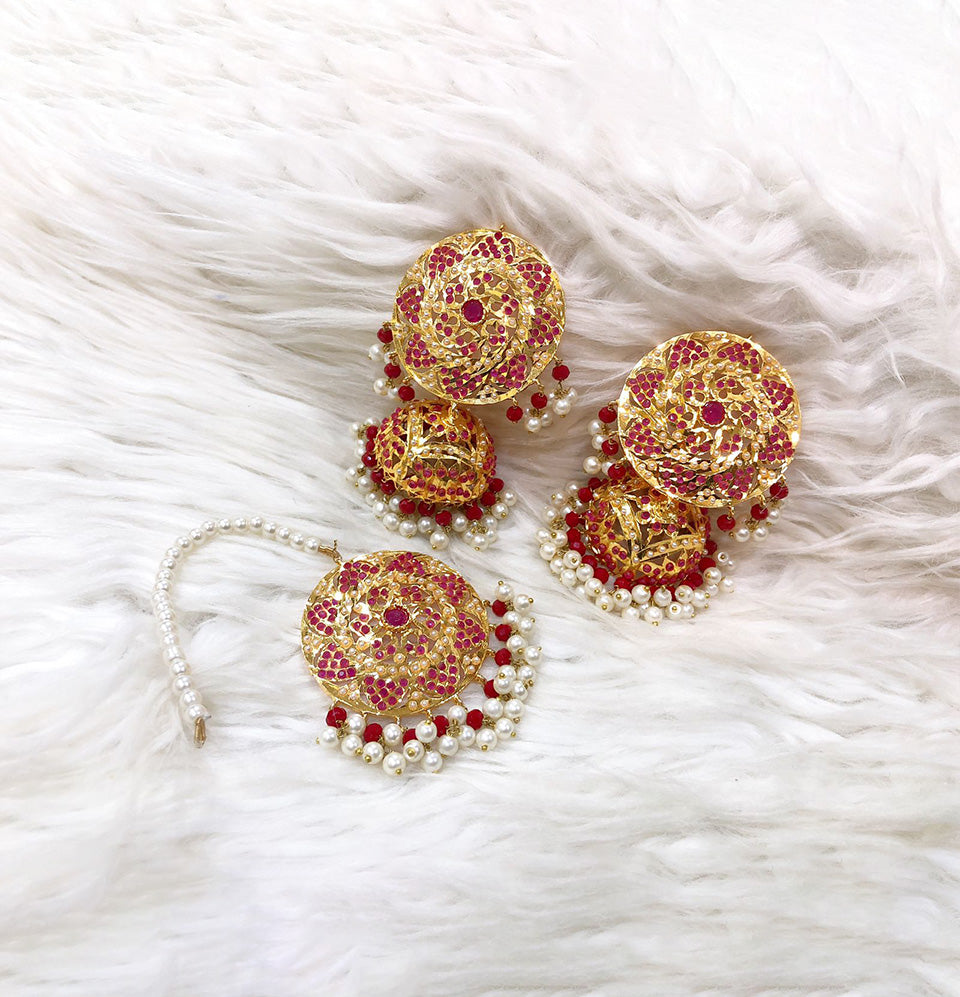 Ruby Rose Garden Earrings and Maang Tikka Set