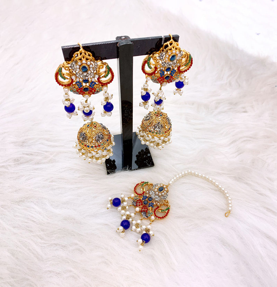 Navratan Jhumka Earrings and Maang Tikka Set