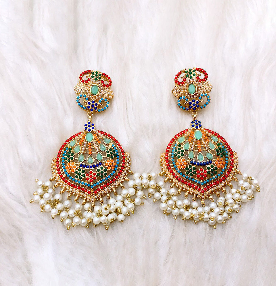 Regal Peacock Mosaic Pearl Cascade Earrings