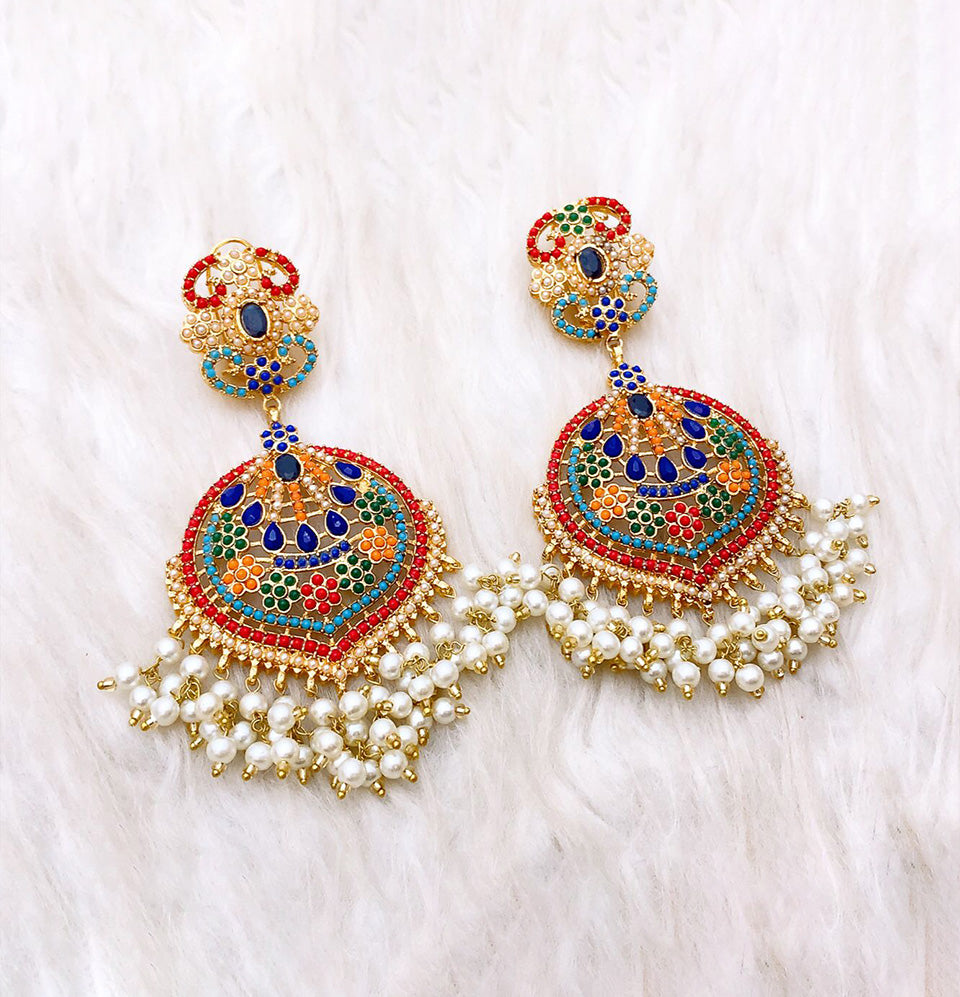 Regal Peacock Mosaic Pearl Cascade Earrings