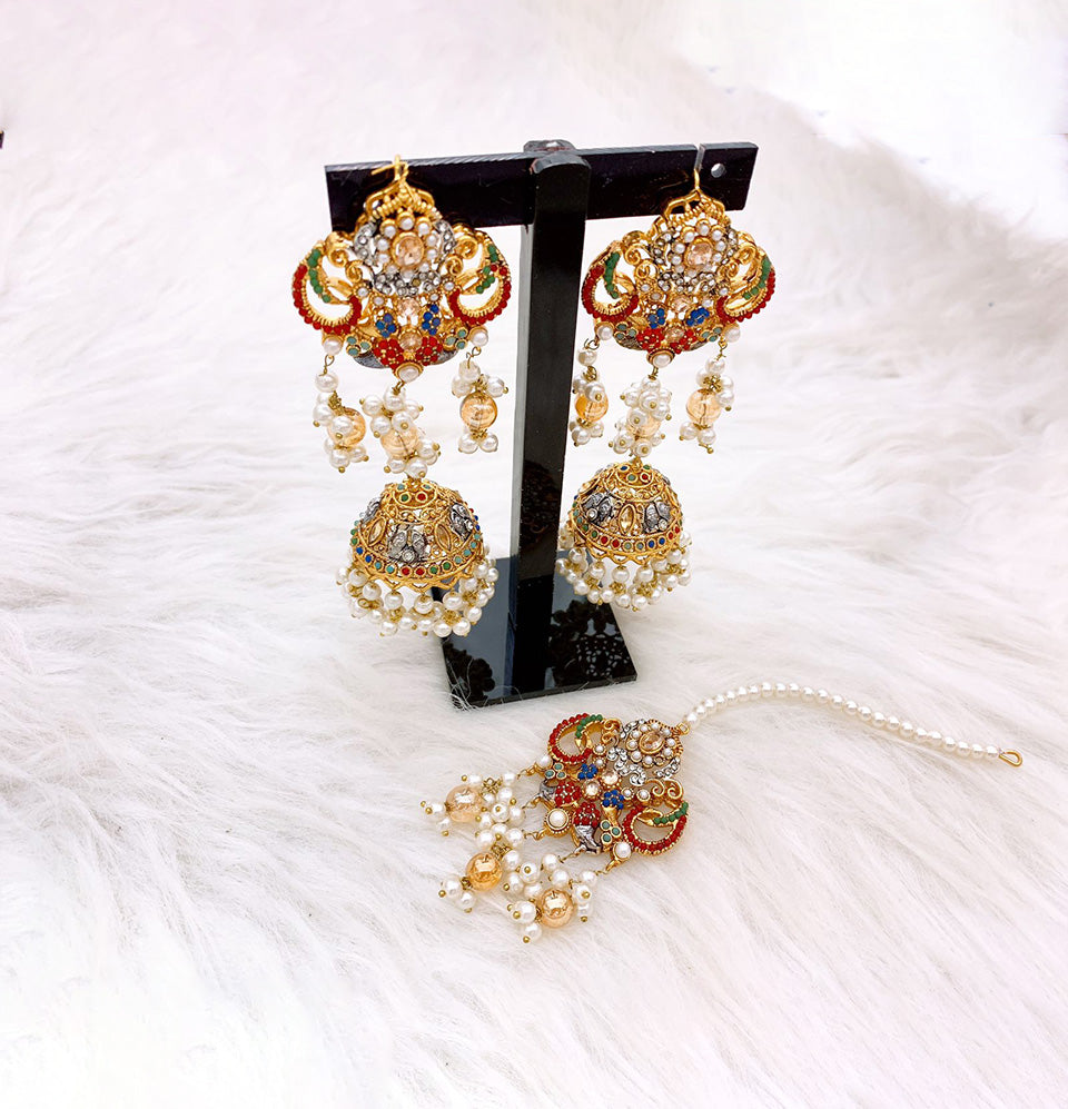 Navratan Jhumka Earrings and Maang Tikka Set