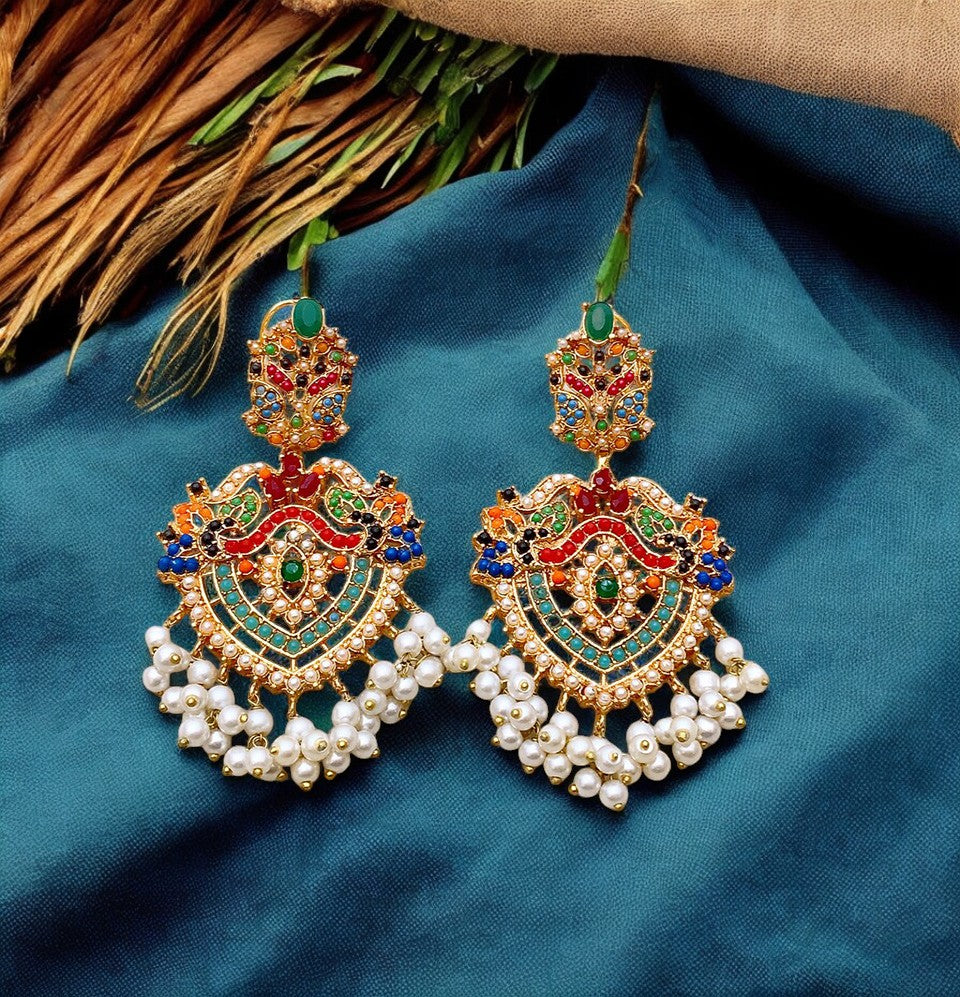 Regal Peacock Mosaic Pearl Cascade Earrings