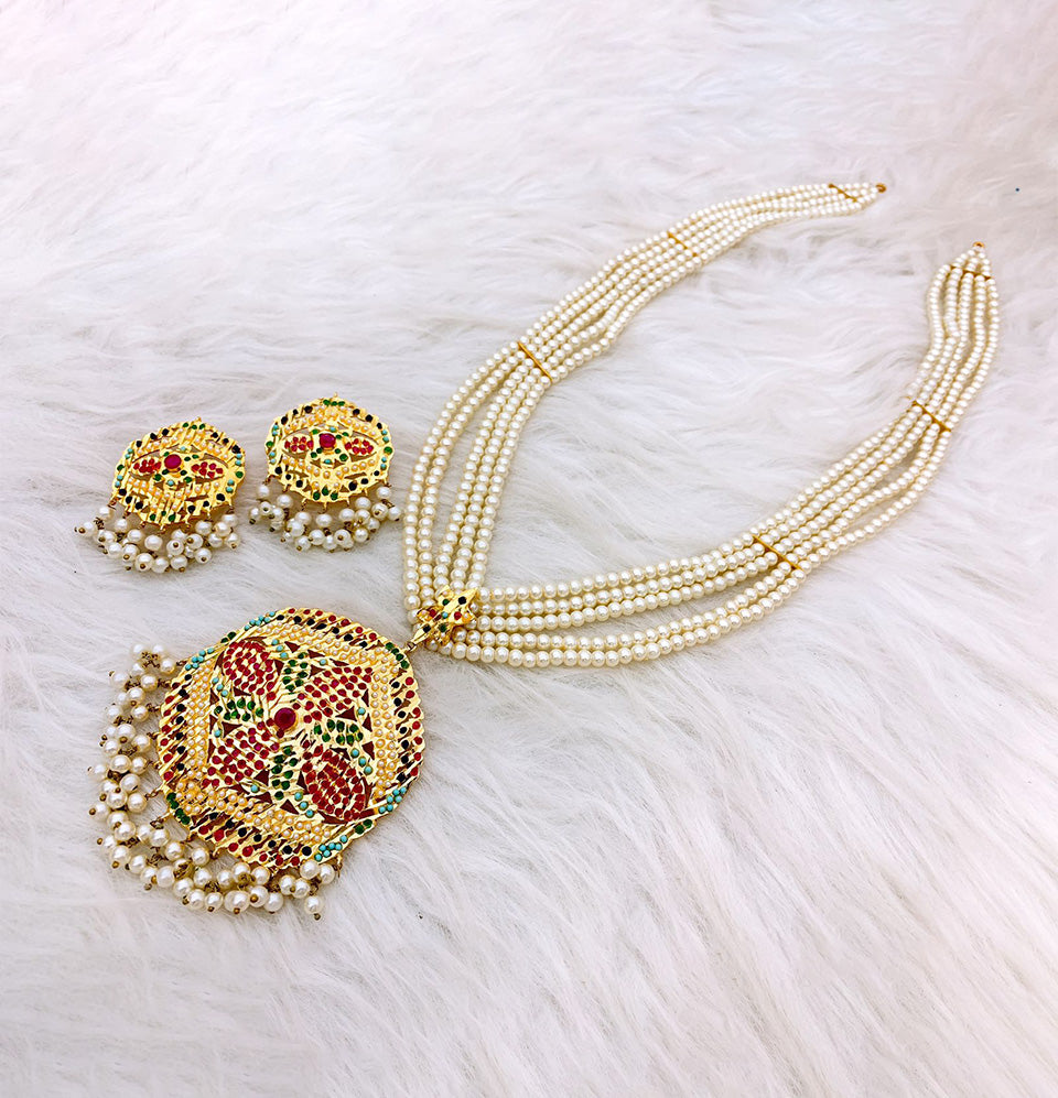 Navratna Royal Garden Earrings and Pearl Necklace Set"