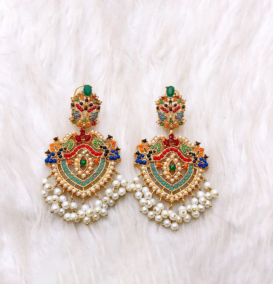 Regal Peacock Mosaic Pearl Cascade Earrings